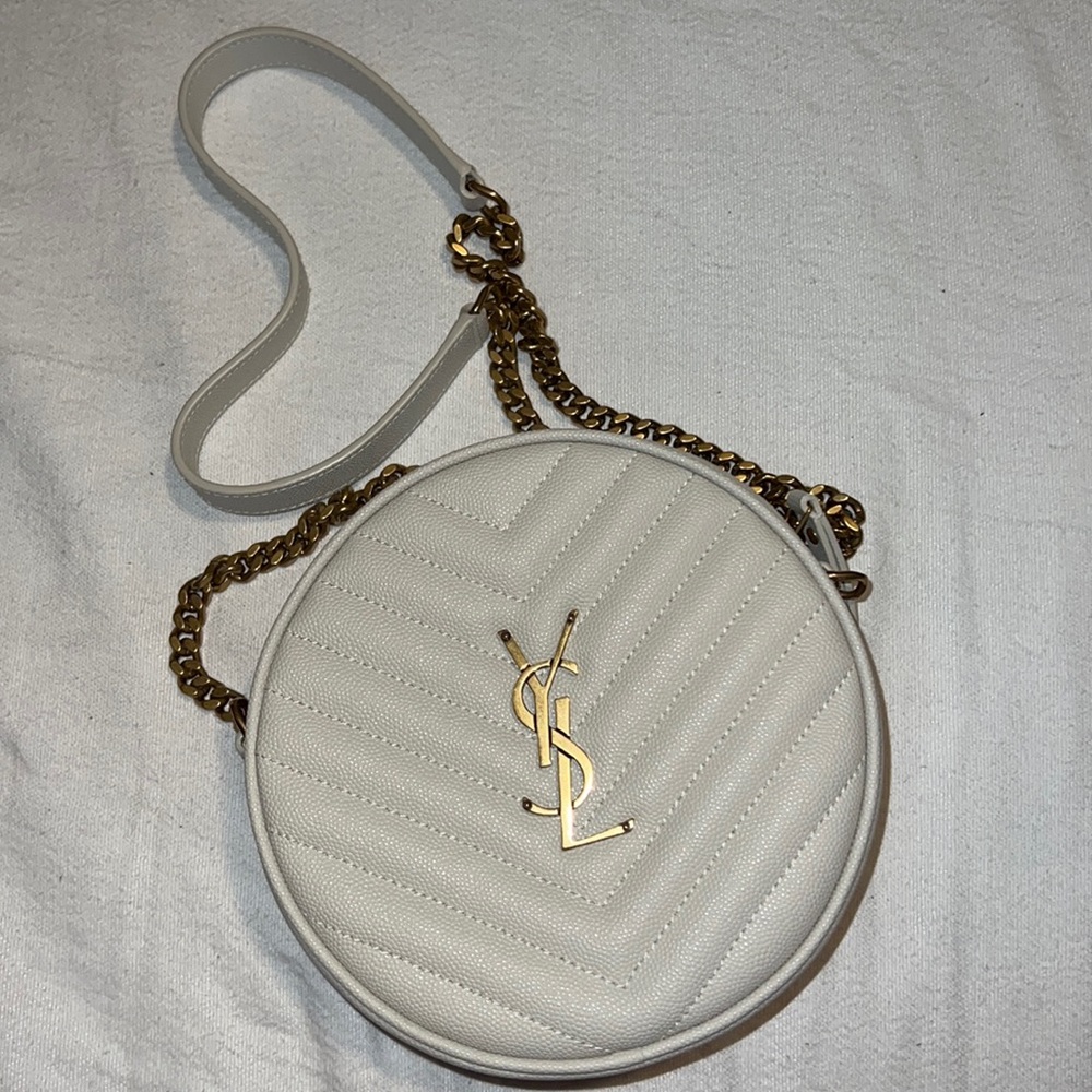 Yves Saint Laurent White Quilted Round Crossbody Bag with Gold Hardware